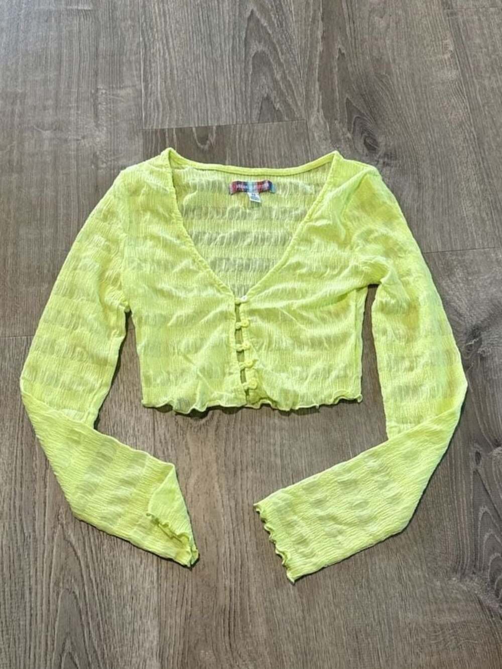 Urban Outfitters Lime Green Textured Lettuce-Edge Button-Front Crop Top